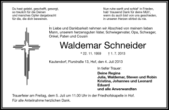 Traueranzeige von Waldemar Schneider von Frankenpost