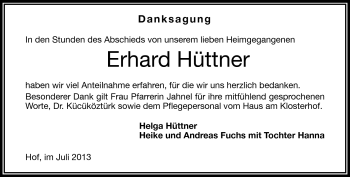 Traueranzeige von Erhard Hüttner von Frankenpost