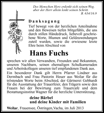 Traueranzeige von Hans Fuchs von Südthüringer Presse