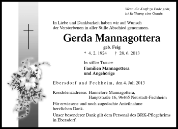 Traueranzeige von Gerda Mannagottera von Neue Presse Coburg