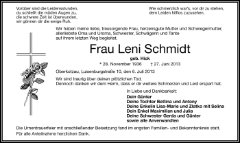 Traueranzeige von Leni Schmidt von Frankenpost