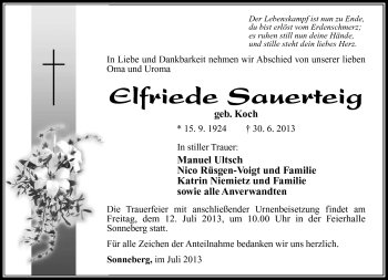 Traueranzeige von Elfriede Sauerteig von Südthüringer Presse