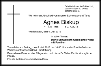 Traueranzeige von Agnes Biskup von Frankenpost