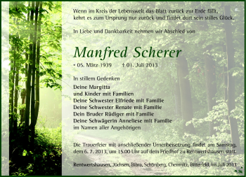 Traueranzeige von Manfred Scherer von Südthüringer Presse