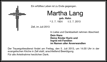 Traueranzeige von Martha Lang von Frankenpost