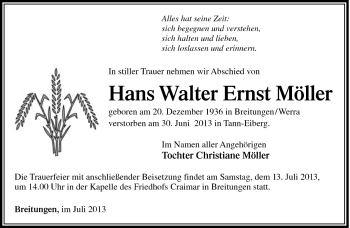 Traueranzeige von Hans Walter Ernst Möller von Südthüringer Presse