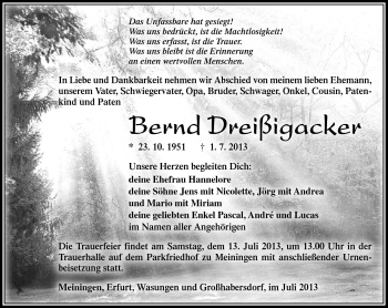 Traueranzeige von Bermd Dreißigacker von Südthüringer Presse