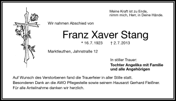 Traueranzeige von Franz Xaver Stang von Frankenpost