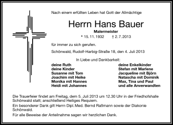 Traueranzeige von Hans Bauer von Frankenpost