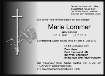 Traueranzeige von Marie Lommer von Frankenpost