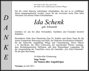 Traueranzeige von Ida Schenk von Südthüringer Presse