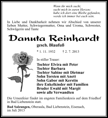 Traueranzeige von Danuta Reinhardt von Südthüringer Presse