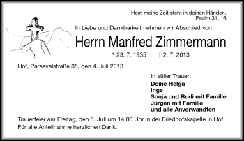 Traueranzeige von Manfred Zimmermann von Frankenpost