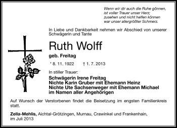 Traueranzeige von Ruth Wolff von Südthüringer Presse