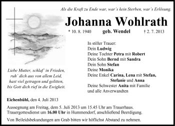 Traueranzeige von Johanna Wohlrath von Neue Presse Coburg