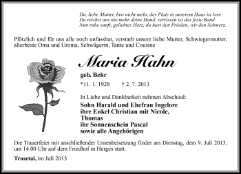 Traueranzeige von Maria Hahn von Südthüringer Presse