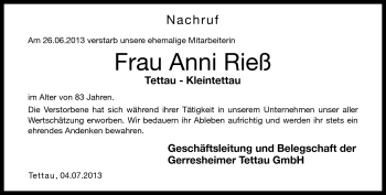 Traueranzeige von Anni Rieß von Neue Presse Coburg