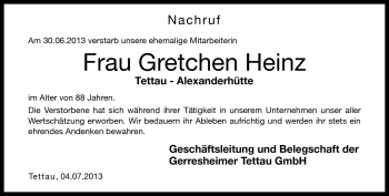 Traueranzeige von Gretchen Heinz von Neue Presse Coburg