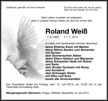 Traueranzeige von Roland Weiß von Südthüringer Presse