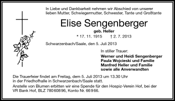 Traueranzeige von Elise Sengenberger von Frankenpost