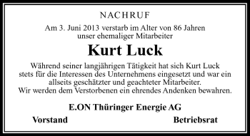 Traueranzeige von Kurt Luck von Südthüringer Presse