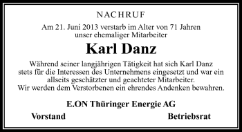 Traueranzeige von Karl Danz von Südthüringer Presse