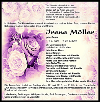 Traueranzeige von Irene Möller von Südthüringer Presse