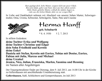 Traueranzeige von Herma Hanff von Südthüringer Presse