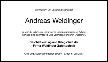 Traueranzeige von Andreas Weidinger von Neue Presse Coburg