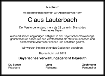 Traueranzeige von Claus Lauterbach von Frankenpost
