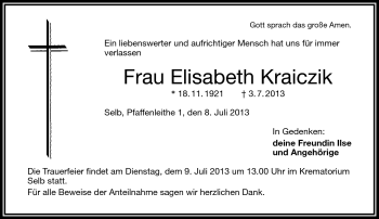 Traueranzeige von Elisabeth Kraiczik von Frankenpost