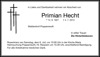 Traueranzeige von Primian Hecht von Frankenpost