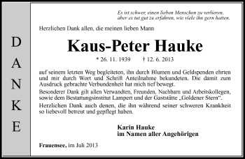 Traueranzeige von Klaus-Peter Hauke von Südthüringer Presse