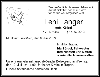 Traueranzeige von Leni Langer von Frankenpost