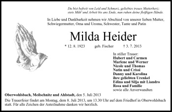 Traueranzeige von Milda Heider von Neue Presse Coburg