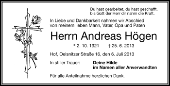 Traueranzeige von Andreas Högen von Frankenpost