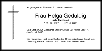 Traueranzeige von Helga Geduldig von Frankenpost
