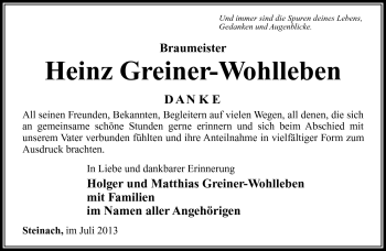 Traueranzeige von Heinz Greiner-Wohlleben von Südthüringer Presse