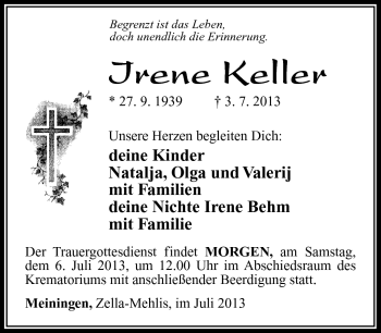 Traueranzeige von Irene Keller von Südthüringer Presse