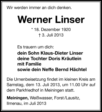Traueranzeige von Werner Linser von Südthüringer Presse
