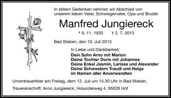 Traueranzeige von Manfred Jungiereck von Frankenpost