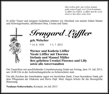 Traueranzeige von Irmgard Löffler von Südthüringer Presse