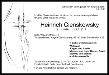 Traueranzeige von Heinrich Cienskowsky von Frankenpost