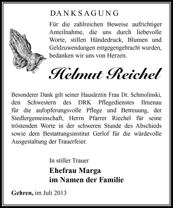 Traueranzeige von Helmut Reichel von Südthüringer Presse