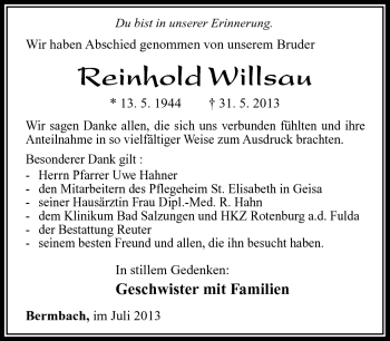 Traueranzeige von Reinhold Wilsau von Südthüringer Presse