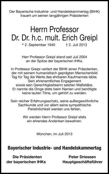 Traueranzeige von Erich Greipl von Neue Presse Coburg