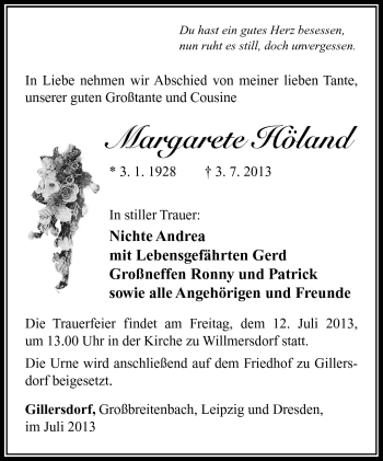 Traueranzeige von Margarete Höland von Südthüringer Presse