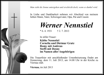 Traueranzeige von Wener Nennstiel von Südthüringer Presse