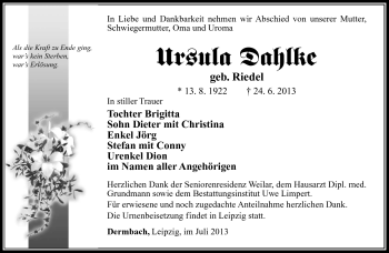 Traueranzeige von Ursula Dahlke von Südthüringer Presse
