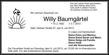 Traueranzeige von Willy Baumgärtel von Frankenpost